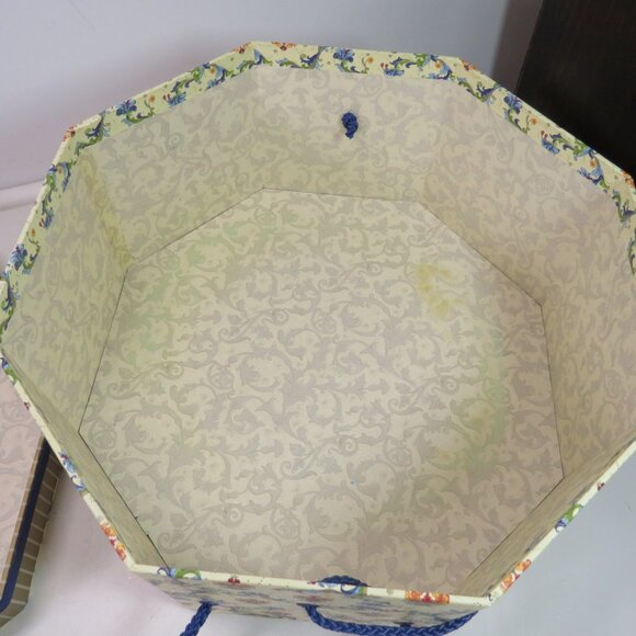 Floral Hexagon Hat Box Yellow & Blue 11 1/2" wide Storage Box with rope closure - Picture 7 of 11